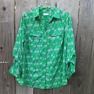 CHARTER CLUB Shirt Womens Size 0X Green Giraffe Print Button Up Roll Sleeve Tab